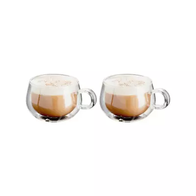 Set Of 2 Double Walled Glass Cappuccino Cups With Handle 225Ml • £40.66