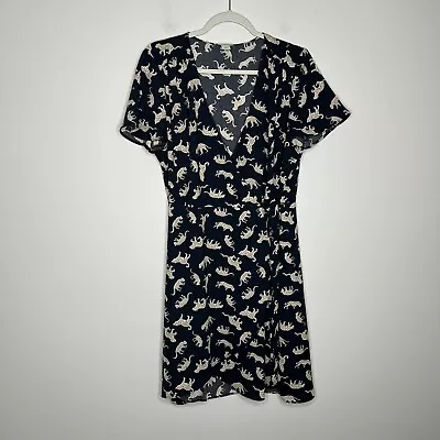 J Crew Navy Blue Leopard Cat Print Short Sleeve Tie Wrap Dress Womens Size 12 • $25.11