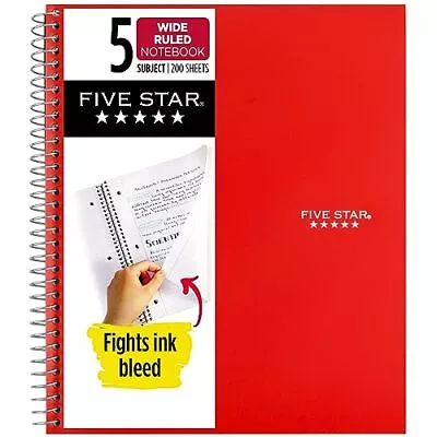 Five Star Spiral Notebook 5 Subject Wide Ruled Paper Fights Ink Bleed Wat... • $10.24