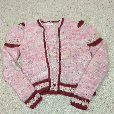 Vintage Hand Knit Mohair Blend Sweater Cardigan Womens Small Pink Open Front • $48.88