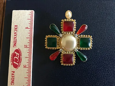 Vintage CHANEL Multicolor  Gold Tone Cross Shaped Brooch Appx 2.5 Inch Diameter • $1295