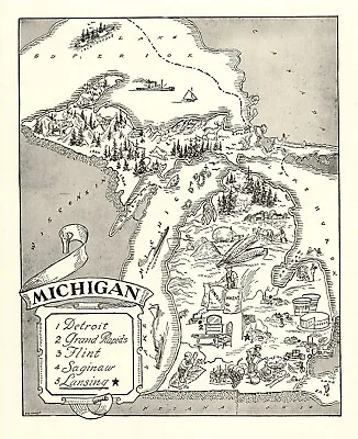 1950s Vintage Michigan State Map Animated Michigan Picture Map Decor BW 1105 • $22.50