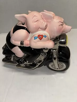 HUGE Biker Hogs 1999 Clay Art Cookie Jar Ceramic Pigs On Motorcycle Hand Painted • $89.10