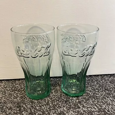 2x COCA COLA PINT GLASS CLEAR GREEN TINT VINTAGE MAN CAVE COLLECTIBLE 0000 • £10