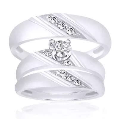 Men And Ladies Diamond 14k White Gold Trio Set Wedding Wedding Rings 1/14Ct • $814.16