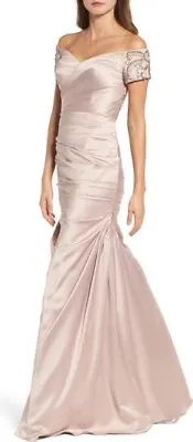 New La Femme Off The Shoulder Beaded Satin Trumpet Gown Champagne Size 14 $599 • $111.98