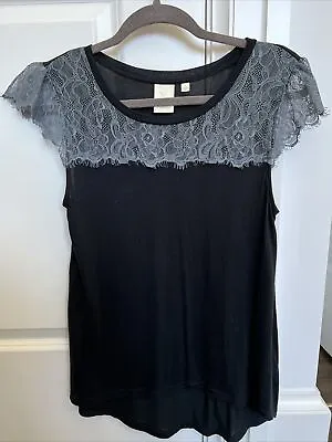 Anthropologie By Eloise Black Sleeveless Tank Top Tunic W/ Gray Lace Trim - S • $4.99