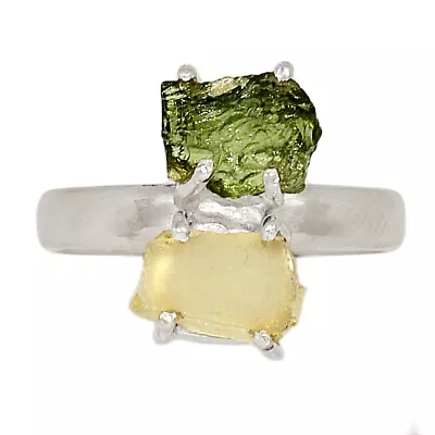 Natural Libyan Desert Glass & Moldavite 925 Silver Ring EN2S S.8.5 CR38326 • $19.99