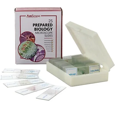 AmScope 25 Glass Prepared Zoological & Botanical Microscope Slides W Plastic Box • $18.99