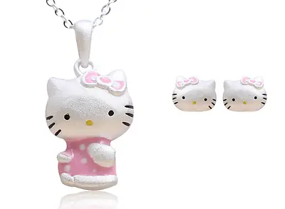$14.99 • Buy Pink Bow Hello Kitty Kitten Cat Silver SP Jewelry Set: Earrings & Necklace