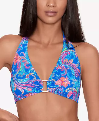 LAUREN Ralph Lauren Womens Size 14 Printed Ring-Front Halter Bikini Top $98 1926 • £56.99