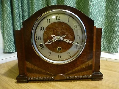 Vintage Art Deco Enfield Mantel Clock Oak Westminster Chime Working Condition • £37