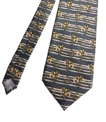 Frontier Gray With Brown Western Saddles & Rope On Fence Mens Silk Tie New 30 • $9.99