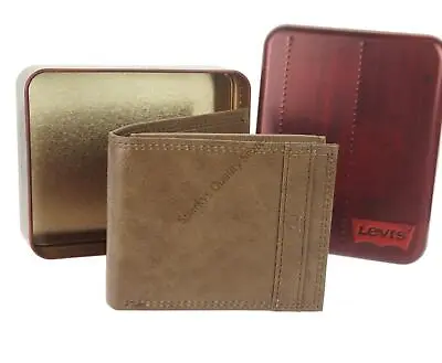 Authentic Levi's Leather Wallet Tan Bi Fold RFID Protection ID Window Flap Tin • £17.99