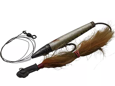 (2)-Vintage Rare Saltwater Fishing Jigs-1-Lead Head Wood-1-Lead Head Long Hair • $25.95
