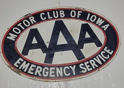 Vintage AAA MOTOR AUTO CLUB OF IOWA EMERGENCY SERVICE 2 Sided Porcelain SIGN • $799.99