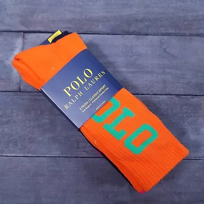 POLO Ralph Lauren Classic Sports Socks 3 Pairs Orange Pink Blue 10-13 Script • $29.95