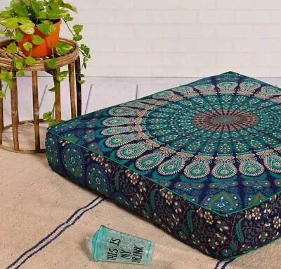 Large Indian Meditation Floor Pillow Cover 35 Inches Mandala Cushion Blue Square • $25.37