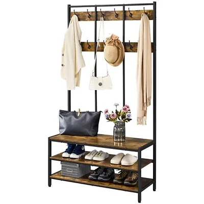 £68.99 • Buy Large Coat Rack Stand Hall Tree With 24 Hooks And Shoe Bench Rustic Brown