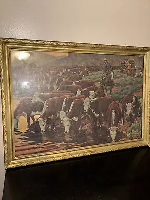 Vintage Richard Baldwin Litho Print/ Framed Western Cowboy Cow American Rare Art • $100