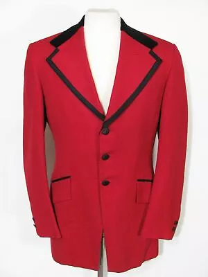 Vintage 70s RED HERRINGBONE TUXEDO JACKET LOUNGE BLAZER W/ Velvet Collar S/M 37S • $89.99