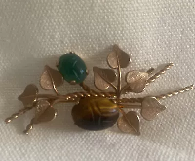 Vintage Van Dell Gold Filled Jade & Tiger Eye Scarabs Brooch Leaves Pin 2.4  • $24.99