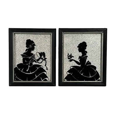 2 Vintage Silhouette Reverse Painted On Glass Silver Black Woman Butterfly Hat • $23.95