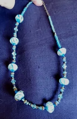 Vntg Jewelry Blue Murano Latticino Small Glass & AB Accents Beaded Necklace 17   • $22.50