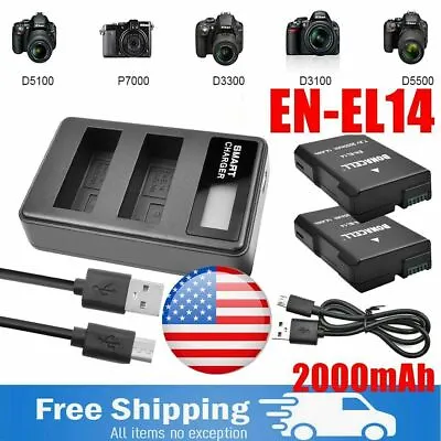 2x EN-EL14 EL14A Battery + Charger For Nikon P7000 P7100 P7700 D5200 D3100 D3200 • $22.99