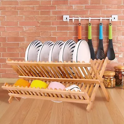 Bamboo Dish Drying Rack Plate Cup Foldable Drainer Tray Utensil Cutlery Holder • $21.95