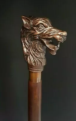 Handmade Walking Stick Wolf Head Copper Antique Metal Handle Wooden Vintage Cane • $31.95