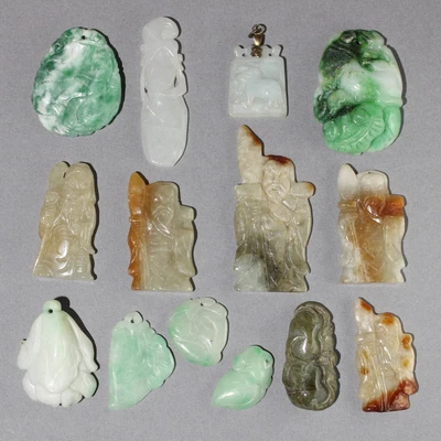 $10.50 • Buy 14Pc Vintage Chinese Carved Jadeite Jade Pendants Group Lot #4