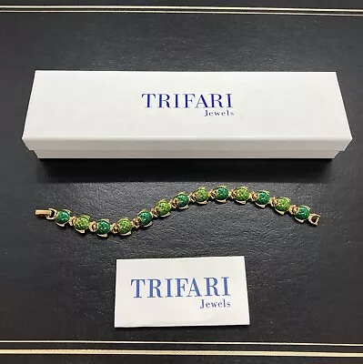 Vintage Signed Trifari TM Green Enamel Fish Link Bracelet 7-1/4” Unused With Box • $67.50