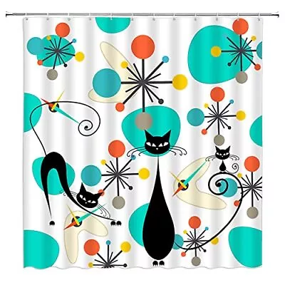 Mid Century Black Cat Shower Curtain Modern Atomic Starbursts Abstract Geomet... • $30.99