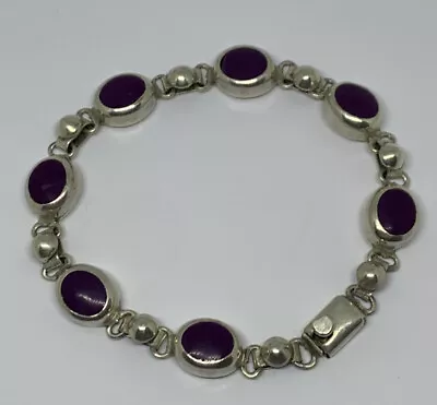 VTG Sterling Silver 925 Purple Turquoise Bracelet 7 Station 7-3/4  Mexico 26.5 G • £76.73