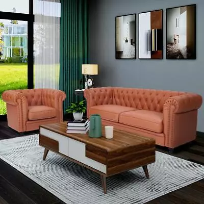 Chesterfield Real Leather Button Tufted Sofa Upholstered Couch W-Nailhead Arm • $759