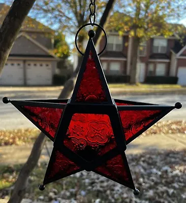 Red Hanging Star Candle Tea Light Lantern Outdoor Patio Decor Glass & Metal • $25