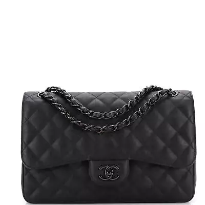 Chanel So Black Classic Double Flap Bag Quilted Lambskin Jumbo Black • $7743.30