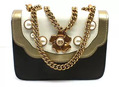 Gucci Clfskin Leather Black Beige And Gold Withe Mobi Pearls Shoulder Bag 43228 • $546.25