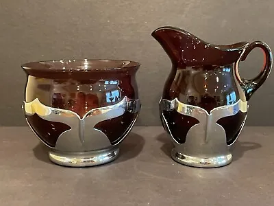 Farber Brothers Chrome & Cambridge Amethyst Glass Creamer & Sugar Bowl 1940's • $15.95