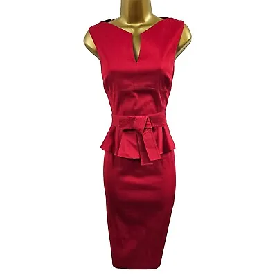 Karen Millen 12 UK (US 8) Signature Cotton Red Bow Cocktail Peplum Pencil Dress • £69.99