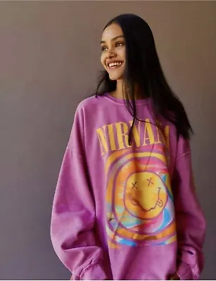$169 • Buy Nirvana Smile Sweatshirt Oversized Pink S/M Urban Outfitters NEW