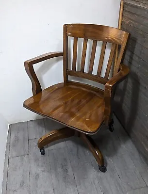 Vintage Mission Oak Wood Banker Lawyer Swivel Rolling Arm Chair Gunlocke STYLE • $405