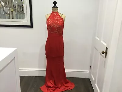 Jarlo London Red Prom Evening Dress Size 10 T Halter Neck Full Length Maxi Long • £12