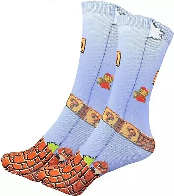 NEW Bioworld Super Mario Bros 1 Pair Gameplay Crew Socks NES Blue Shoe Size 9-11 • $6.60