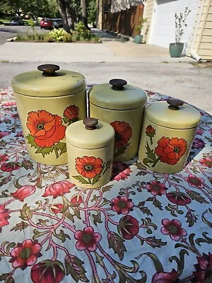 Vintage 4-pc Ransburg Metal Kitchen Canister Set Green W/ Orange Poppy Flowers • $65