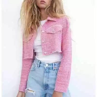 Zara Tweed Weave Textured Cropped Jacket Pink White Small Blogger Favorite • $40