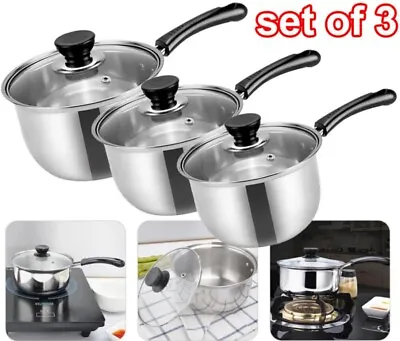 3 Pan Set Stainless Steel Saucepans Cookware Cooking Pots & Glass Lids & Handles • £16.99