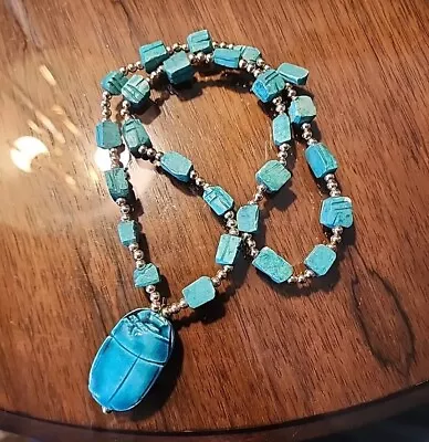VINTAGE EGYPTIAN Revival Blue Turquoise SCARAB BEAD NECKLACE • $30