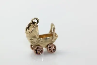 Vintage 14k 3d Pink And Yellow Gold 3d Baby Stroller Carriage Charm Pendant • $215.82